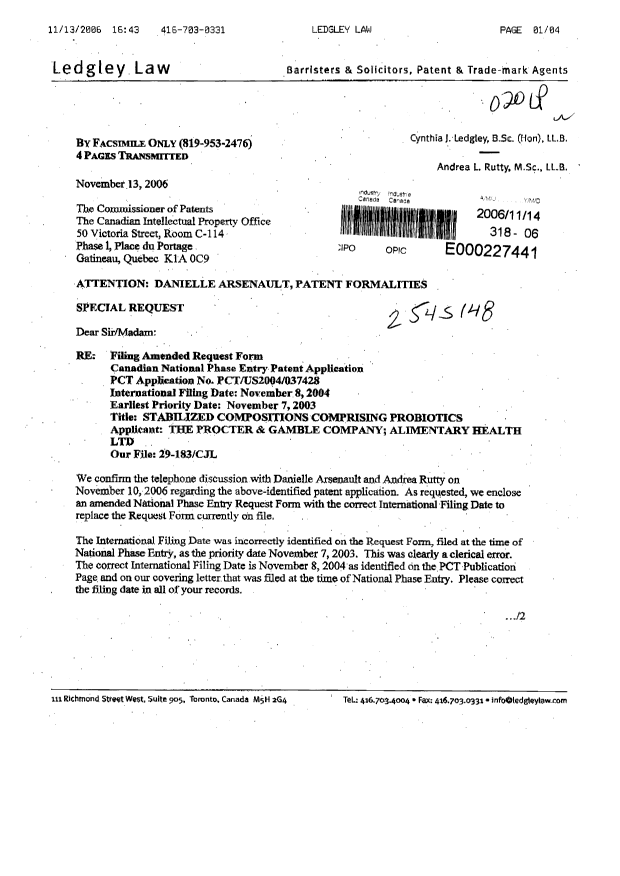 Canadian Patent Document 2545148. Correspondence 20061114. Image 1 of 4