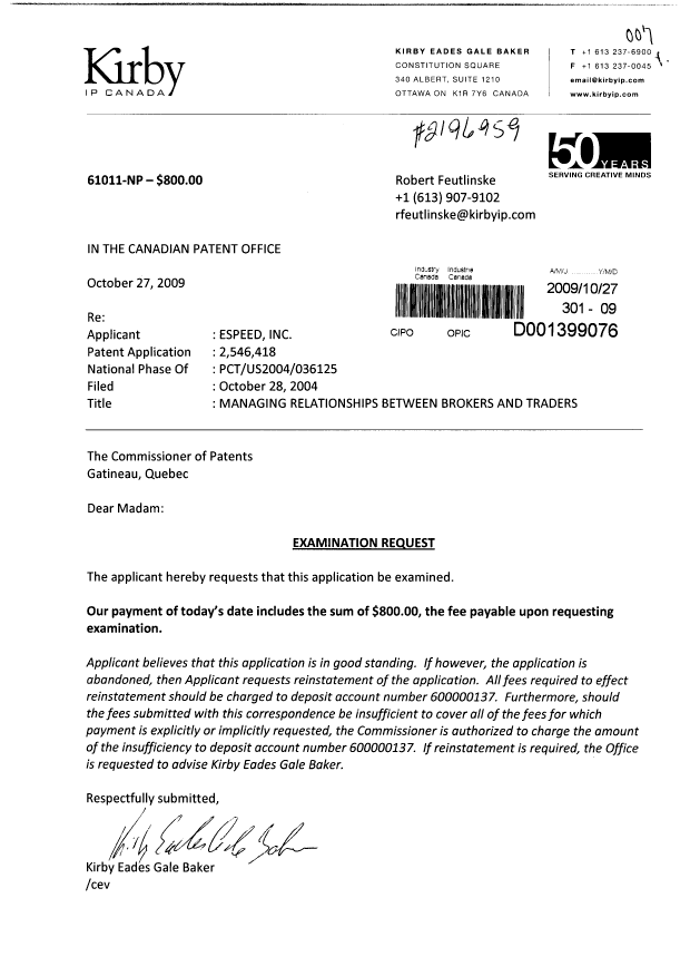 Document de brevet canadien 2546418. Poursuite-Amendment 20091027. Image 1 de 1