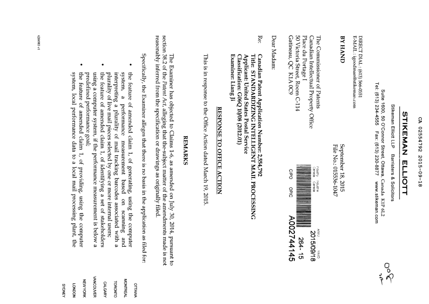 Document de brevet canadien 2554792. Modification 20150918. Image 1 de 3