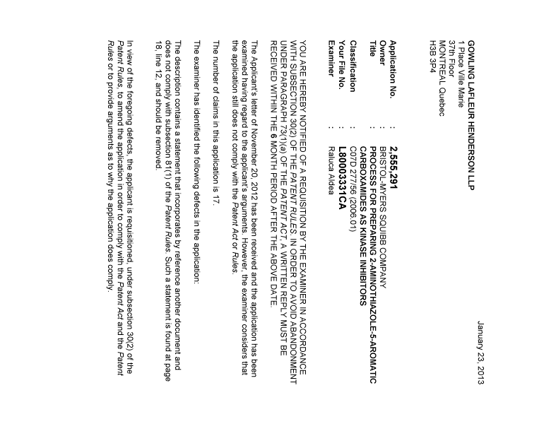 Document de brevet canadien 2555291. Poursuite-Amendment 20130123. Image 1 de 2