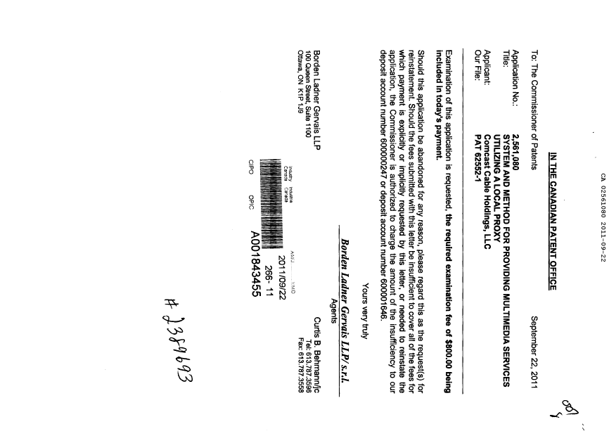 Document de brevet canadien 2561080. Poursuite-Amendment 20101222. Image 1 de 1
