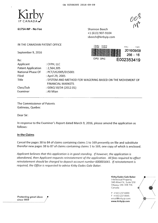 Document de brevet canadien 2564305. Modification 20160909. Image 1 de 59