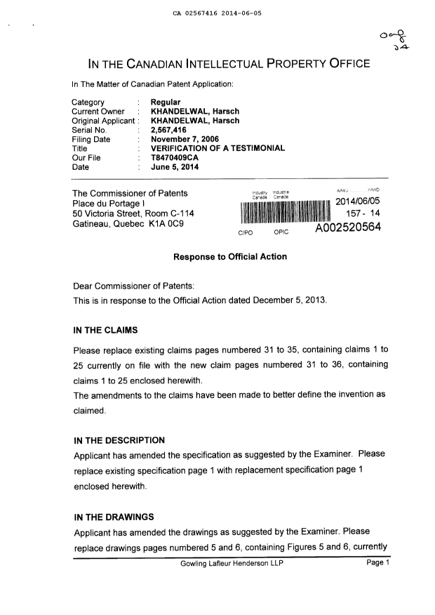 Canadian Patent Document 2567416. Prosecution-Amendment 20140605. Image 1 of 17