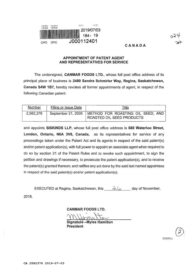 Document de brevet canadien 2582376. Changement de nomination d'agent 20190703. Image 1 de 2