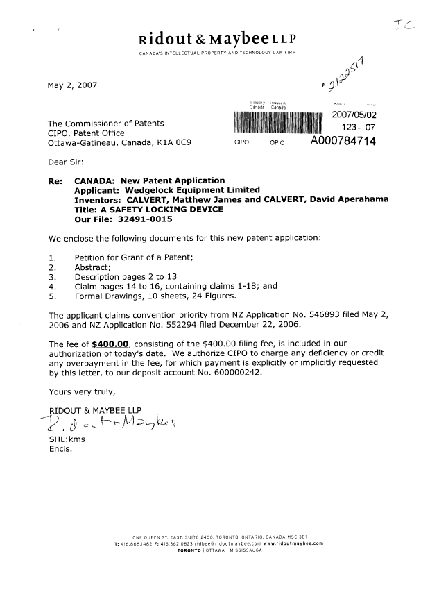 Canadian Patent Document 2587065. Assignment 20070502. Image 1 of 3