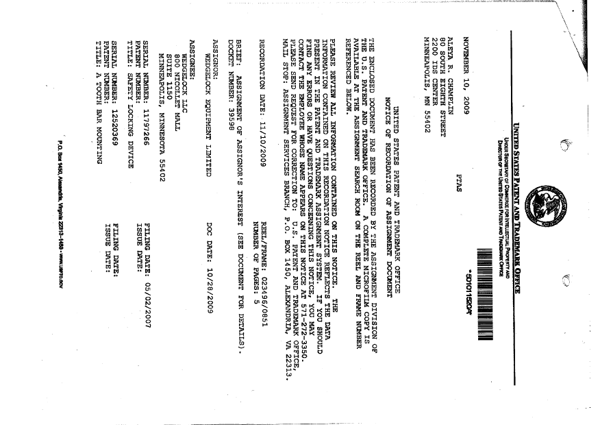 Document de brevet canadien 2587065. Cession 20091215. Image 2 de 6