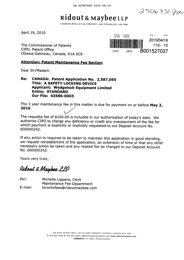 Canadian Patent Document 2587065. Fees 20100419. Image 1 of 1