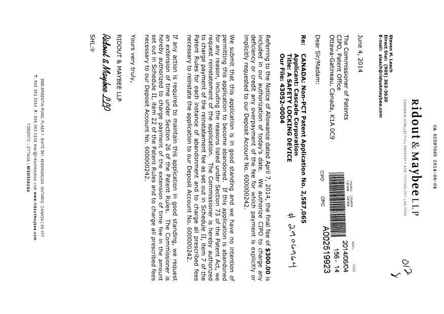 Canadian Patent Document 2587065. Correspondence 20140604. Image 1 of 1