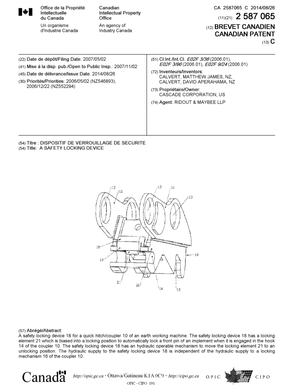 Document de brevet canadien 2587065. Page couverture 20140731. Image 1 de 1