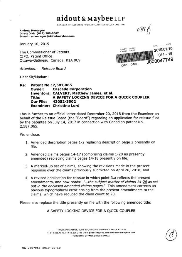 Canadian Patent Document 2587065. Response to Reissue Board Letter 20190110. Image 1 of 17