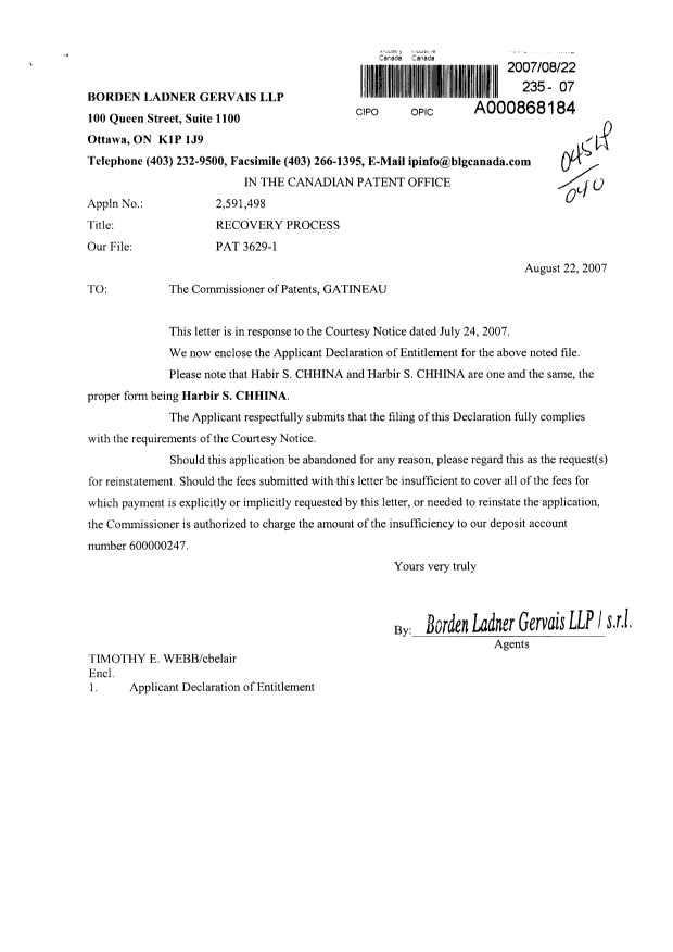 Document de brevet canadien 2591498. Correspondance 20061222. Image 1 de 2