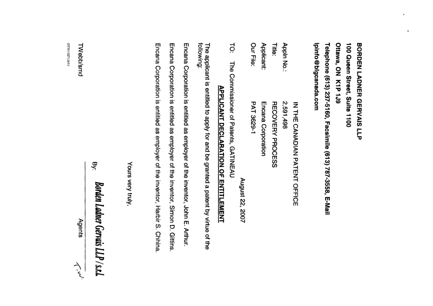 Document de brevet canadien 2591498. Correspondance 20061222. Image 2 de 2