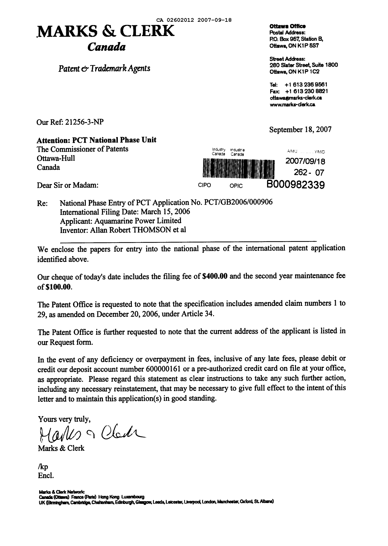Document de brevet canadien 2602012. Cession 20070918. Image 1 de 2