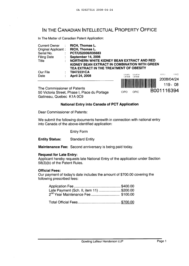 Document de brevet canadien 2627314. Cession 20080424. Image 1 de 3