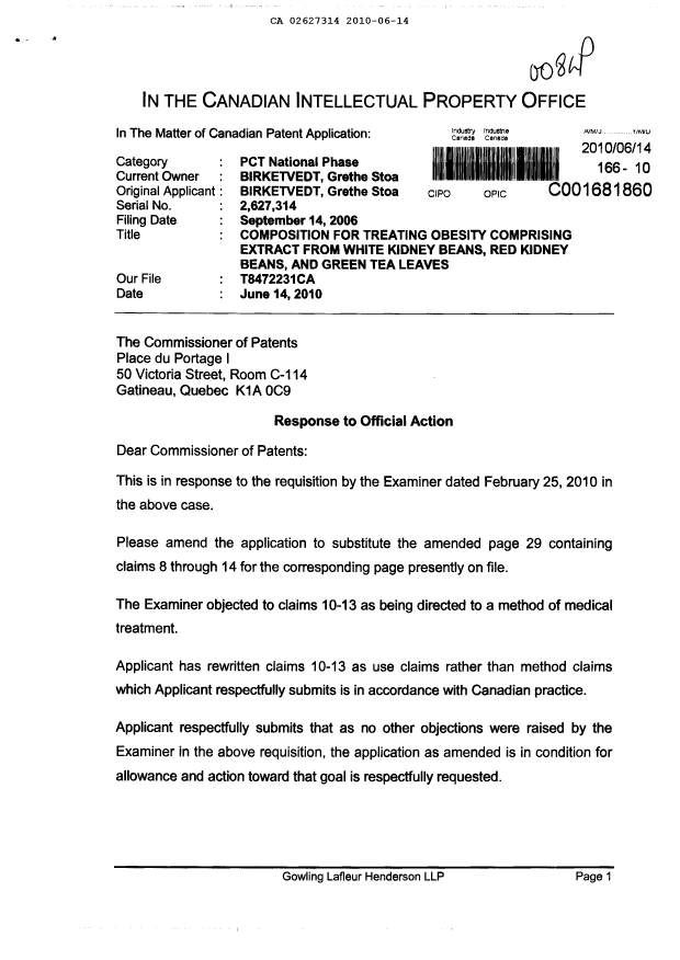 Document de brevet canadien 2627314. Poursuite-Amendment 20100614. Image 1 de 3
