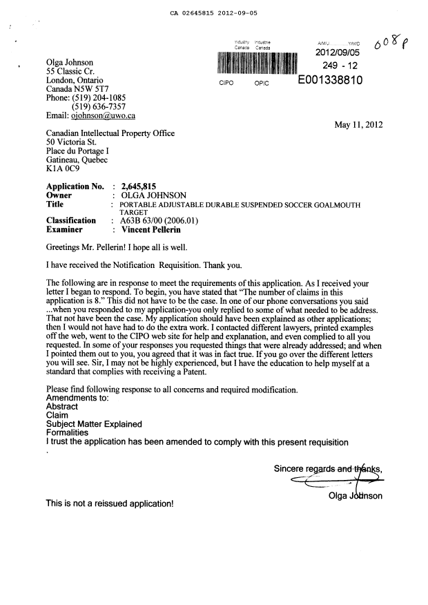 Document de brevet canadien 2645815. Poursuite-Amendment 20120905. Image 1 de 15