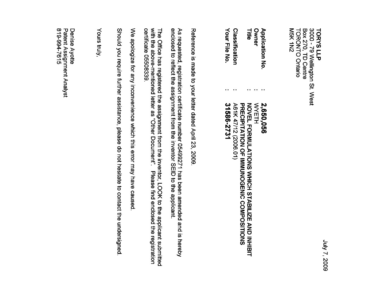 Document de brevet canadien 2650056. Correspondance 20081207. Image 1 de 1
