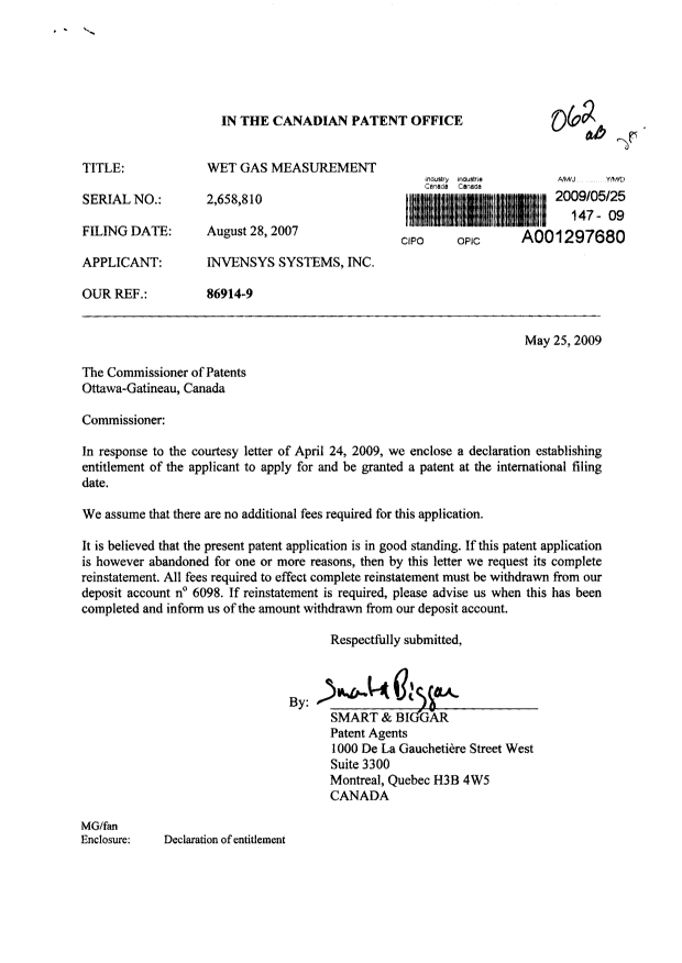 Canadian Patent Document 2658810. Correspondence 20090525. Image 1 of 2