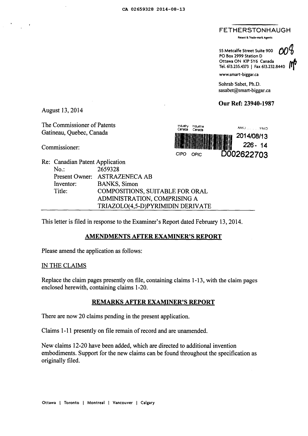 Document de brevet canadien 2659328. Poursuite-Amendment 20131213. Image 1 de 6
