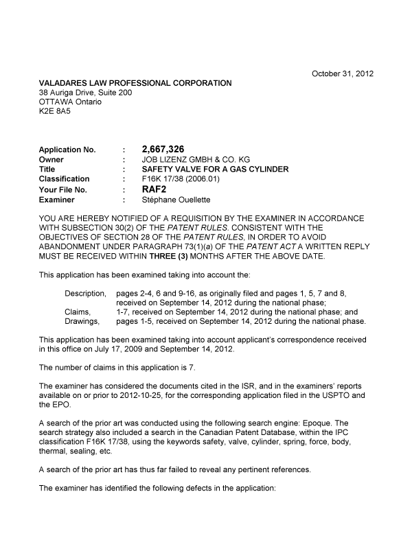 Canadian Patent Document 2667326. Prosecution-Amendment 20121031. Image 1 of 2