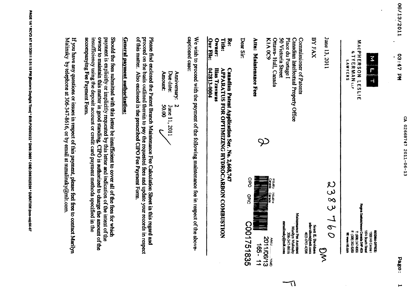 Document de brevet canadien 2668747. Taxes 20110613. Image 1 de 3