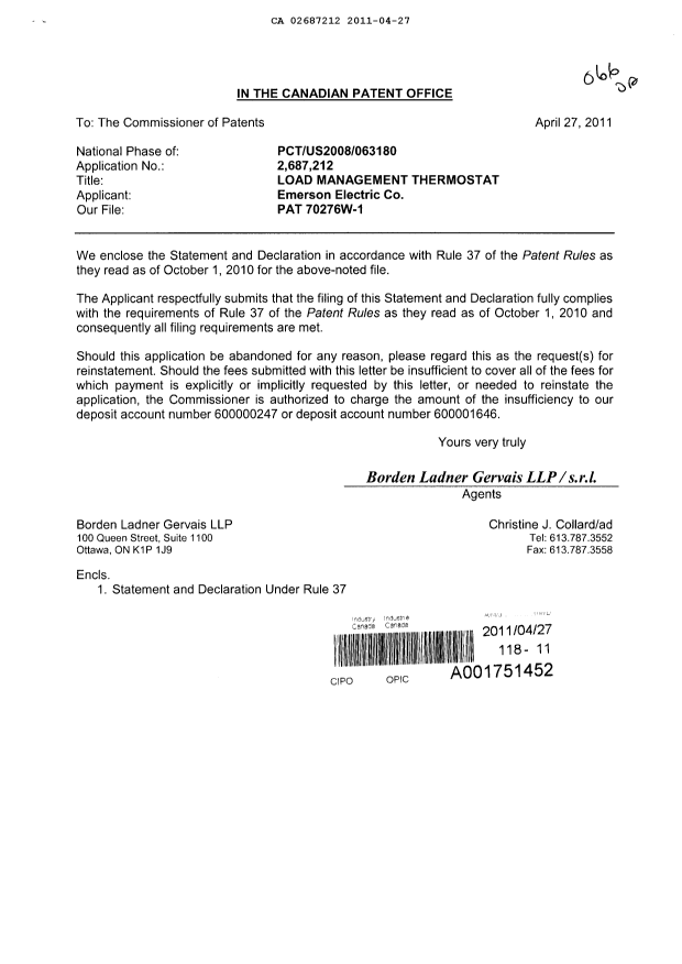 Document de brevet canadien 2687212. Correspondance 20110427. Image 1 de 2
