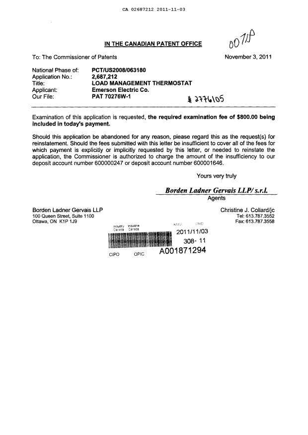 Document de brevet canadien 2687212. Poursuite-Amendment 20111103. Image 1 de 1