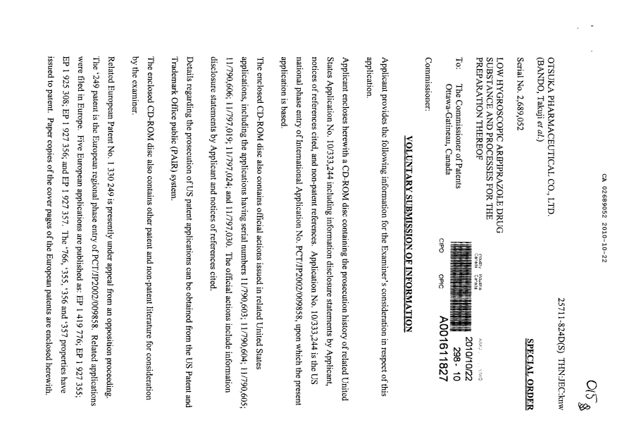 Canadian Patent Document 2689052. Prosecution-Amendment 20101022. Image 1 of 2