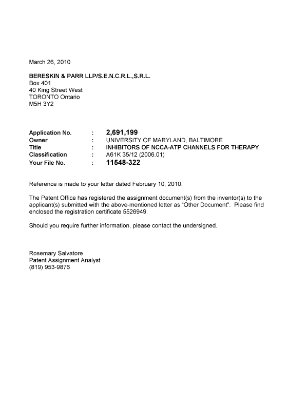Canadian Patent Document 2691199. Correspondence 20100326. Image 1 of 1