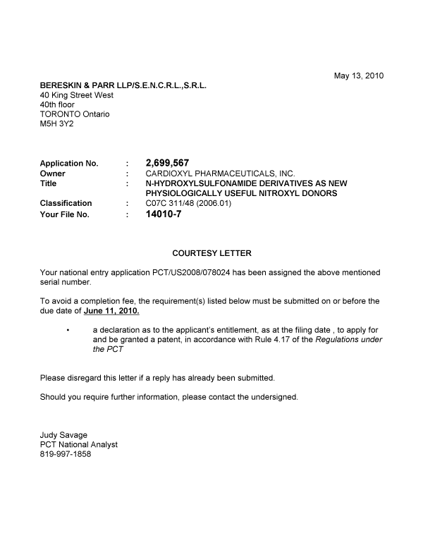 Canadian Patent Document 2699567. Correspondence 20100513. Image 1 of 1