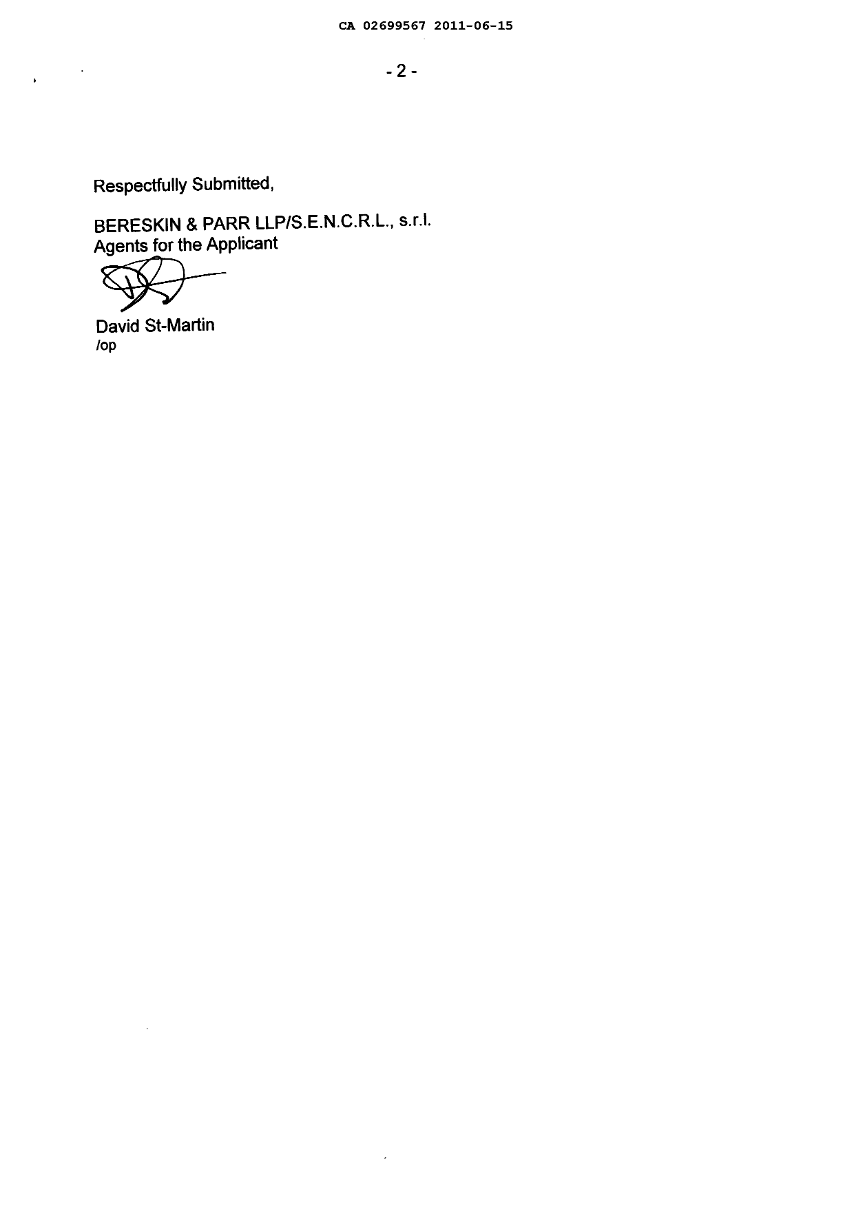 Canadian Patent Document 2699567. Correspondence 20110615. Image 2 of 2