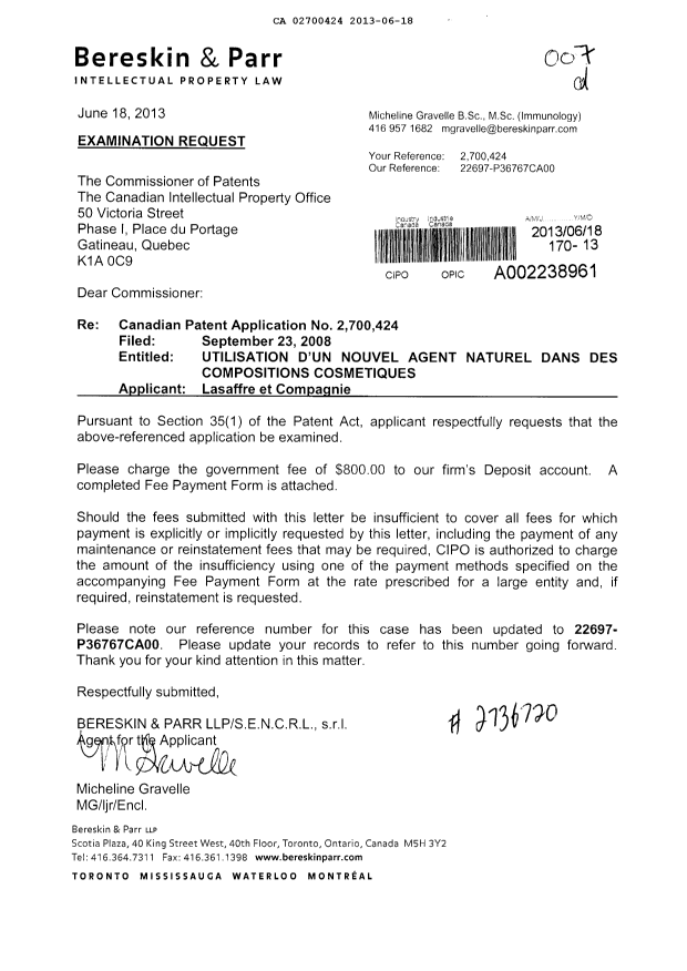 Document de brevet canadien 2700424. Poursuite-Amendment 20130618. Image 1 de 1