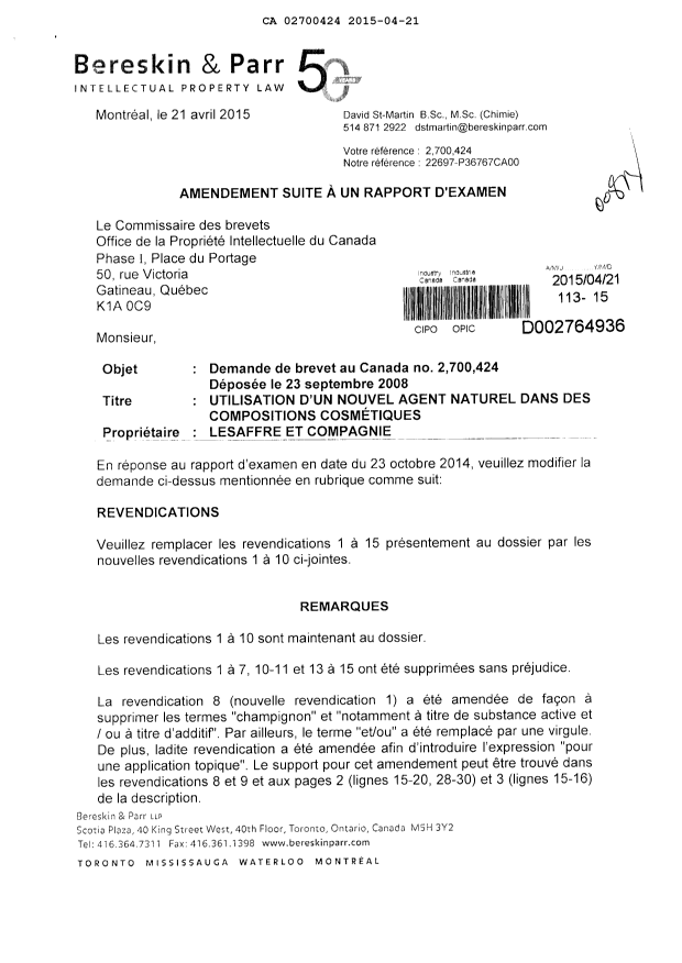 Canadian Patent Document 2700424. Prosecution-Amendment 20150421. Image 1 of 13