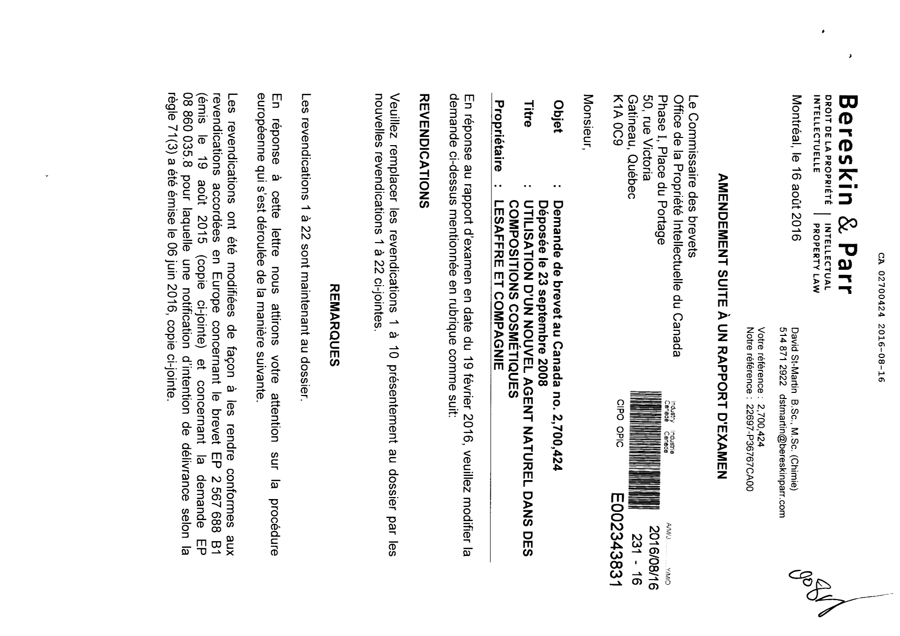 Canadian Patent Document 2700424. Prosecution-Amendment 20151216. Image 1 of 5