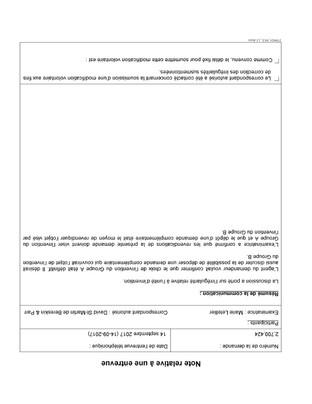 Document de brevet canadien 2700424. Note d'entrevue avec page couverture enregistrée 20170914. Image 1 de 1