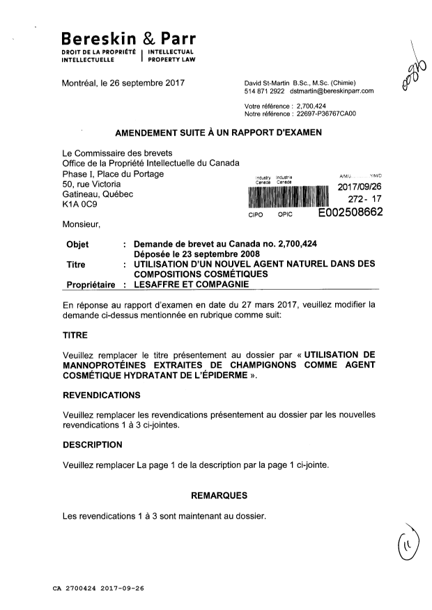 Document de brevet canadien 2700424. Modification 20170926. Image 1 de 11