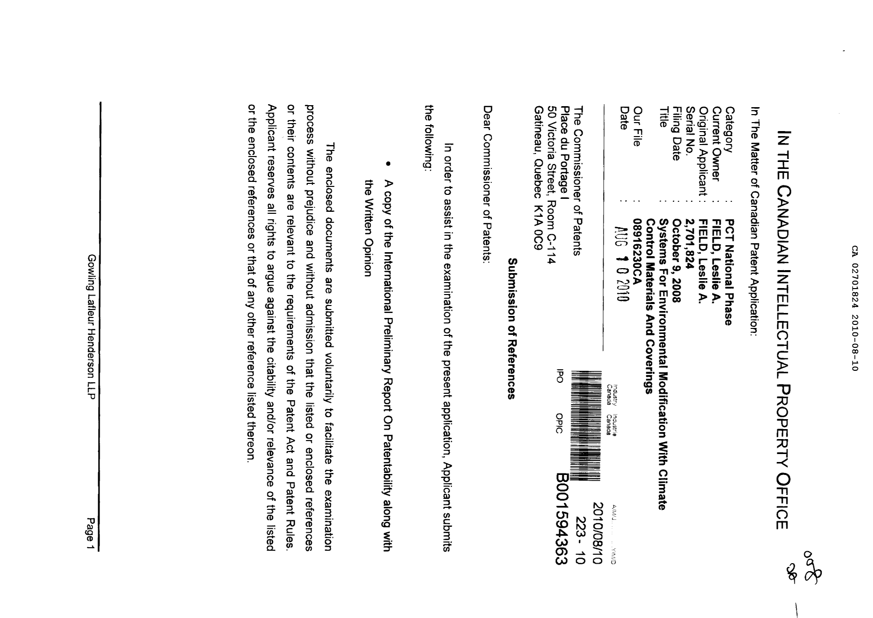 Document de brevet canadien 2701824. Poursuite-Amendment 20100810. Image 1 de 2