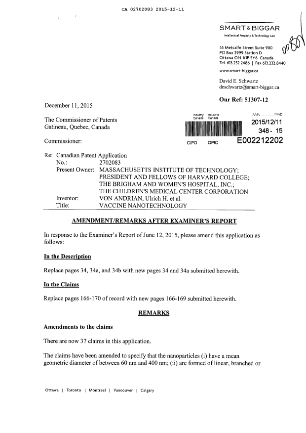Canadian Patent Document 2702083. Amendment 20151211. Image 1 of 19