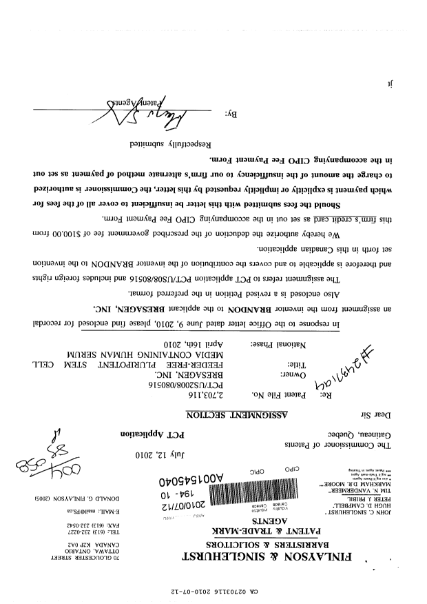 Document de brevet canadien 2703116. Correspondance 20091212. Image 1 de 3