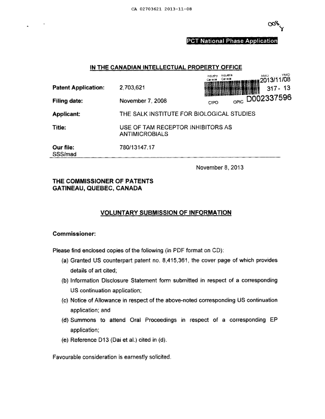 Canadian Patent Document 2703621. Prosecution Correspondence 20131108. Image 1 of 2
