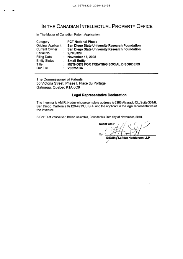 Document de brevet canadien 2706329. Correspondance 20101126. Image 3 de 3