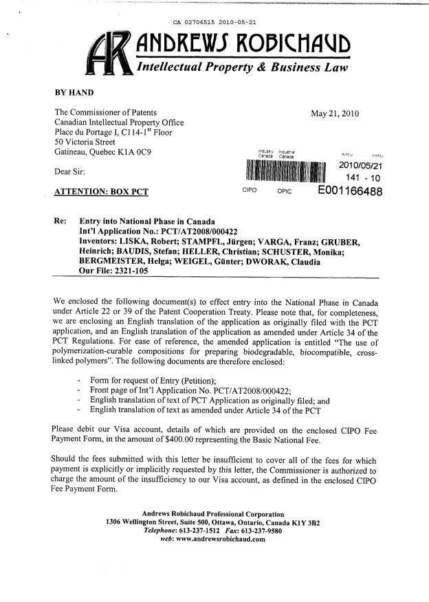 Document de brevet canadien 2706515. Cession 20100521. Image 1 de 5