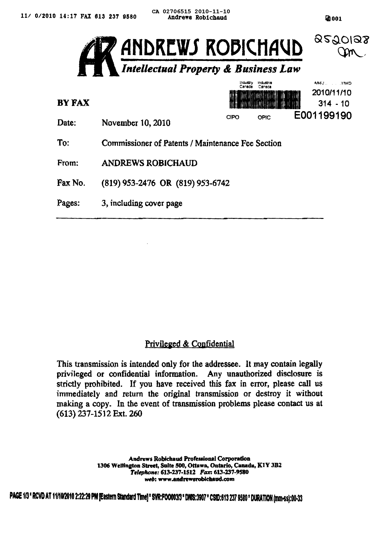 Document de brevet canadien 2706515. Taxes 20101110. Image 2 de 2