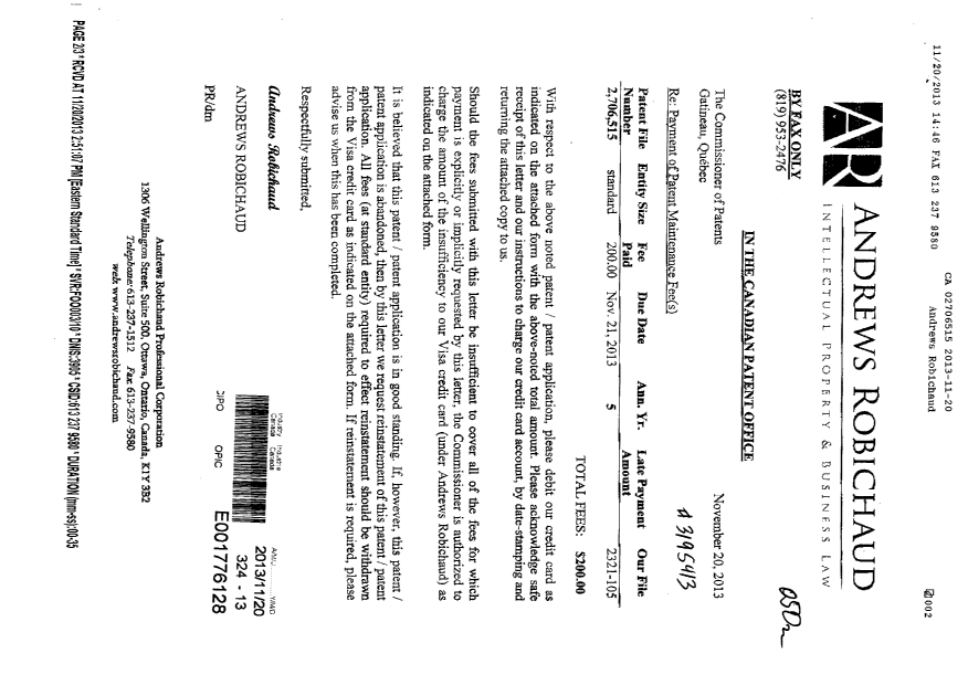 Canadian Patent Document 2706515. Fees 20131120. Image 1 of 2