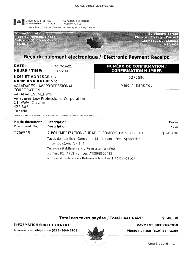 Canadian Patent Document 2706515. Maintenance Fee Correspondence 20151021. Image 2 of 2