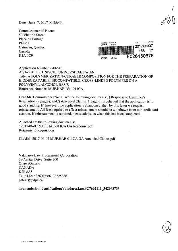 Document de brevet canadien 2706515. Modification 20170607. Image 1 de 4