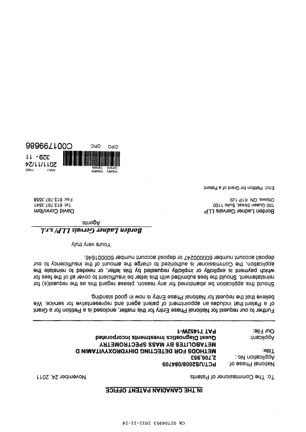 Document de brevet canadien 2706953. Correspondance 20101224. Image 1 de 3