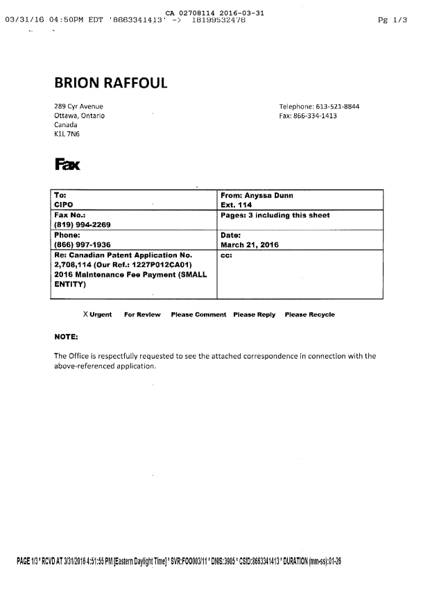 Document de brevet canadien 2708114. Taxes 20151231. Image 2 de 2
