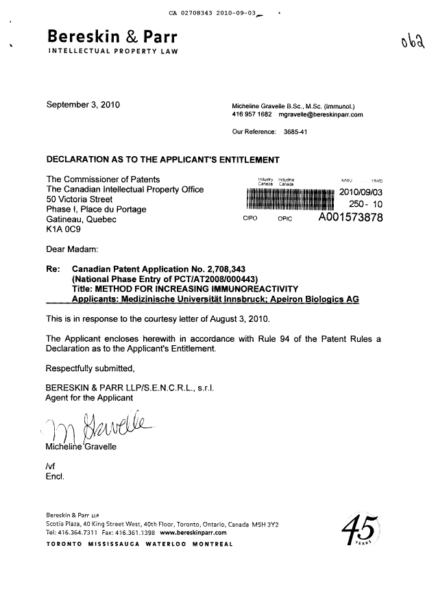 Canadian Patent Document 2708343. Correspondence 20100903. Image 1 of 3