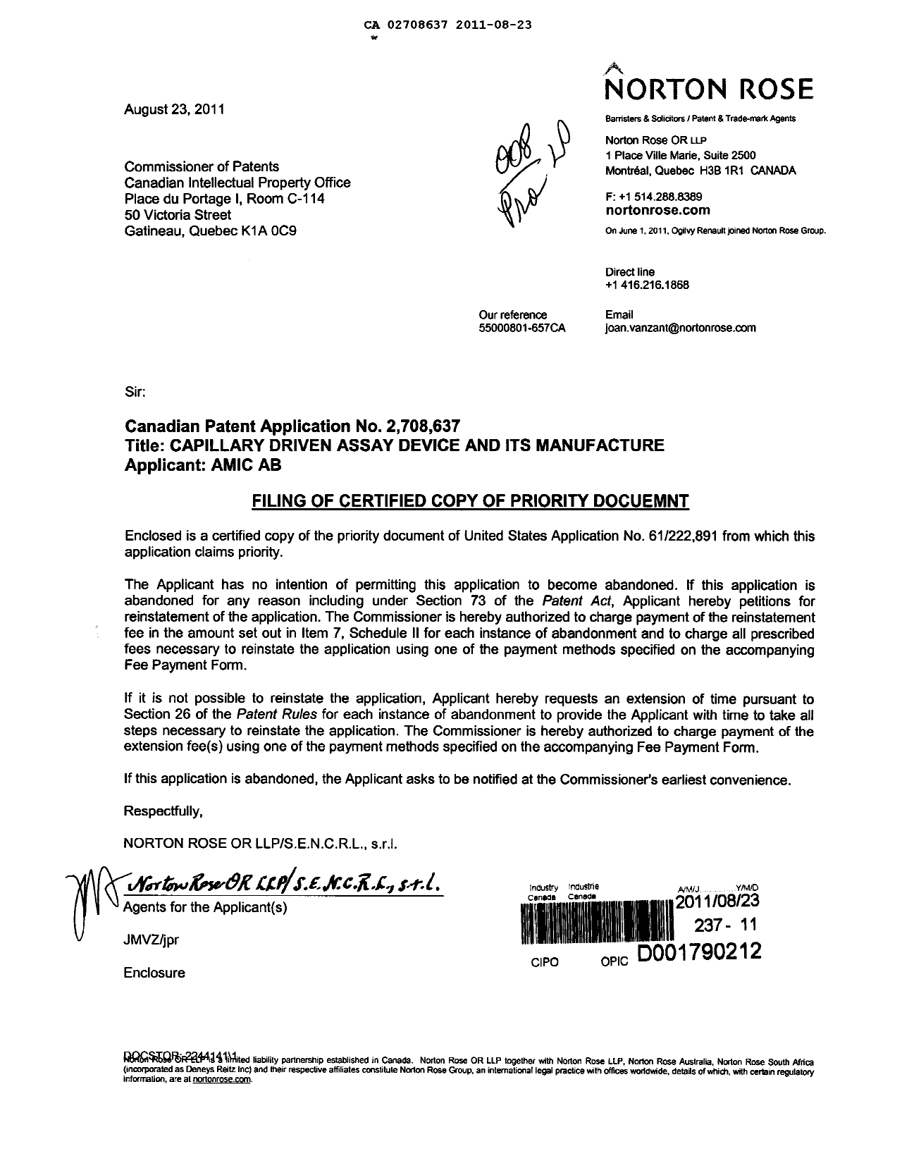 Document de brevet canadien 2708637. Correspondance de la poursuite 20110823. Image 1 de 1